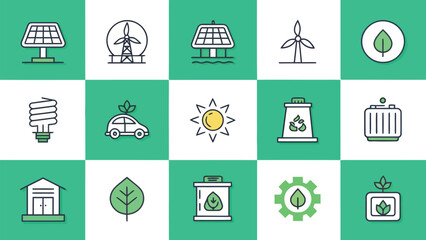 Renewable Energy and Sustainability Square Icons Set &ndash; Green Flat Vector