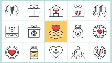 Charity, Healthcare and Donation Icons Set &ndash; Line Vector Illustration