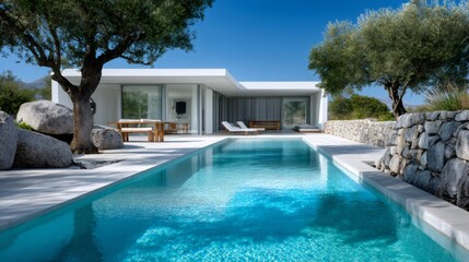 Modern luxury villa with swimming pool and olive trees