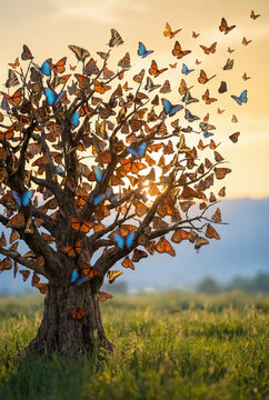 Arbre aux papillons color&eacute;s dans un champ au coucher du soleil