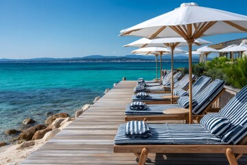 Fototapeta premium Beach resort deck chairs enjoying turquoise ocean luxury
