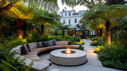 Fototapeta premium Luxury evening garden with glowing fire pit and comfortable seating