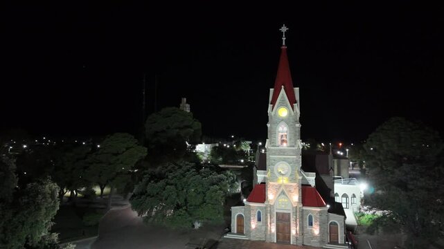aerial drone view illuminated church at nigth in Argentina