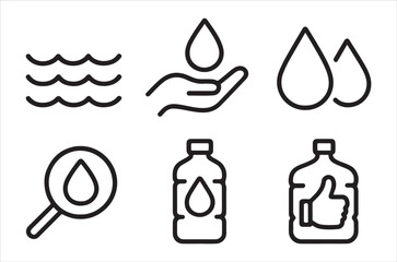 Water drop and wave icons with related symbols in outline style