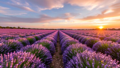 Fototapeta premium Vast lavender fields glowing under a dramatic sunset sky