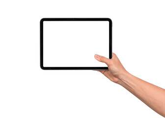 Hand holding modern tablet mockup with blank screen isolated on transparent background. Tablet PC with empty display for copy space.