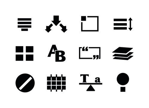 Calligraphy in modern design. Solid icon set of layout and composition: centered text block, hierarchy arrows, margin guide, line spacing