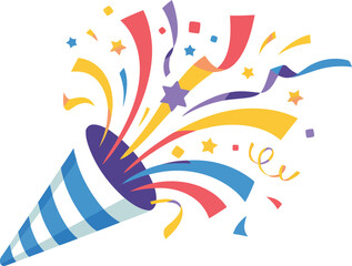 Obraz premium A vibrant illustration of a party popper releasing a dynamic explosion of colorful confetti and stars
