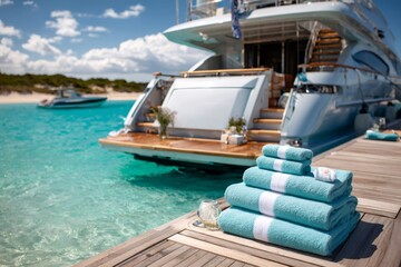 Obraz premium Stacked turquoise towels on wooden dock near luxury yacht