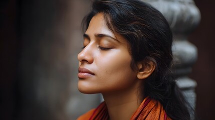 A close up portrait of a woman in profile her eyes closed in serene meditation evoking a sense of peace and spiritual introspection under soft warm