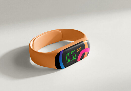 Smart Fitness Bracelet Mockup With Editable Background, Modern Digital Wristband Tracker Template On Plain Surface