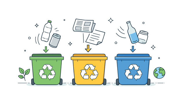 Eco-friendly lifestyle. A simple scene with recycling bins and items gently moving into the correct containers, symbolizing care for the