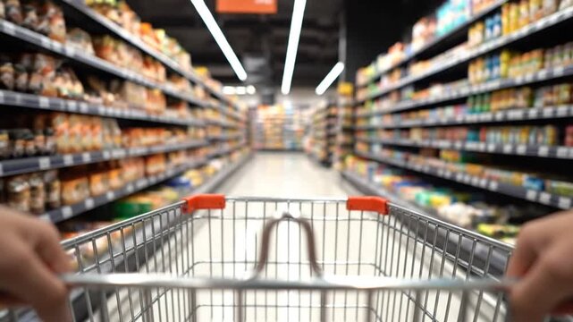 Perspective from a shopping cart moving down a grocery store aisle filled with shelves of products, consumerism and everyday shopping