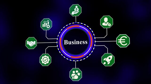 Business concept visualization with connected finance, partnership, growth, approval, investment, and success icons in modern corporate network interface.