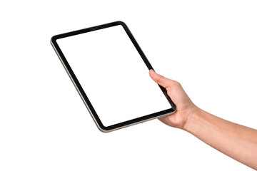 Hand holding modern tablet mockup with blank screen isolated on transparent background. Tablet PC with empty display for copy space.