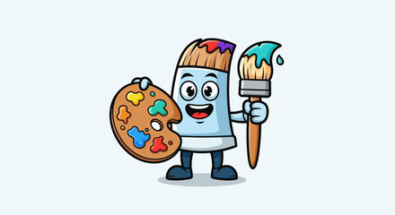 Cartoon Paintbrush Character Holding Palette.