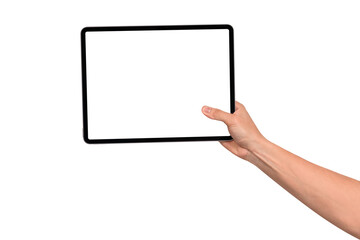 Hand holding modern tablet mockup with blank screen isolated on transparent background. Tablet PC with empty display for copy space.