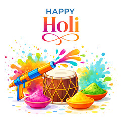 Happy Holi Greeting Card with Pichkari, Dhol Drum and Colorful Gulal Powder Vector Illustration