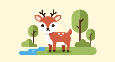 Cartoon Deer Standing Near Water Body.