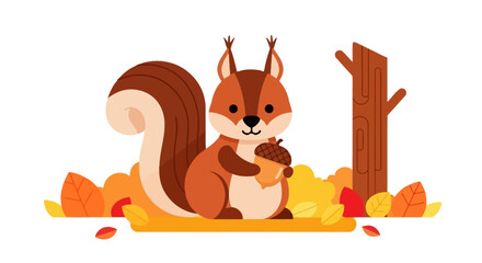 Squirrel holding acorn cartoon illustration. © Kawa