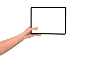 Hand holding modern tablet mockup with blank screen isolated on transparent background. Tablet PC with empty display for copy space.