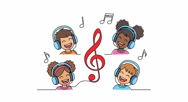 Diverse group of happy children wearing headphones, enjoying music with a prominent red treble clef and musical notes, continuous line illustration.