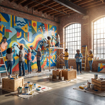 Diverse group painting large mural in bright industrial loft studio