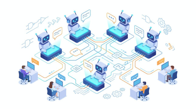 Isometric AI Customer Service SaaS Illustration with Chatbots and Human Support Agents for Efficient Help Desk, Digital Transformation and Scalable Business Network