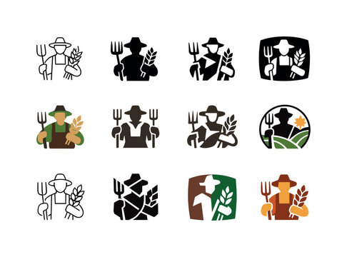 Peasantry. Icon set. Set Logo of Peasantry: rural farmer figure. harmonious logo variations of the same emblematic concept, each with