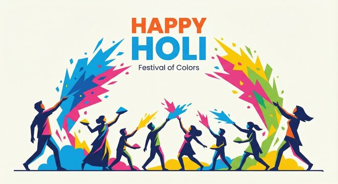 Joyful Holi festival celebration with silhouetted people throwing vibrant colorful powder colors