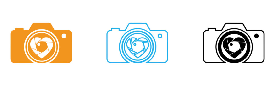 Vector camera icons with heart shaped lens in orange, blue and black on transparent background