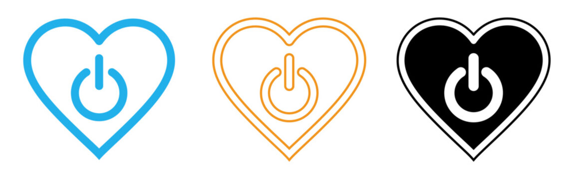 Vector heart power button icons in blue, orange, and black colors, isolated on transparent background