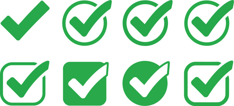 Collection of eight green checkmark icons featuring various outlines and solid shapes for user interface