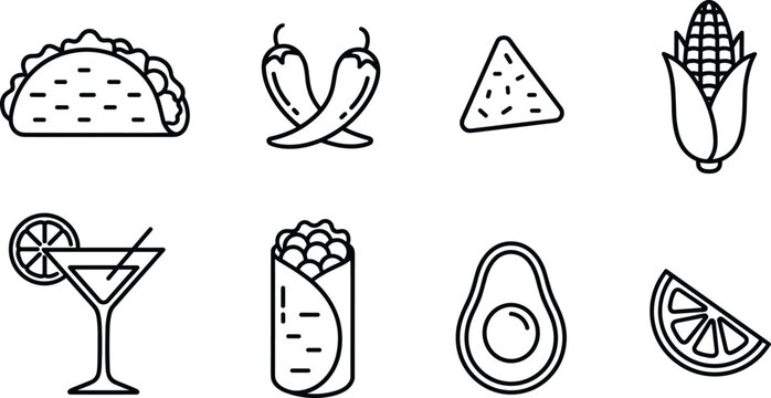  Minimalist Line Art Mexican Food Icons Vector Set with Taco Burrito Nacho Avocado Chili Corn Margarita Lime for Cuisine Menu and Fiesta Illustrations