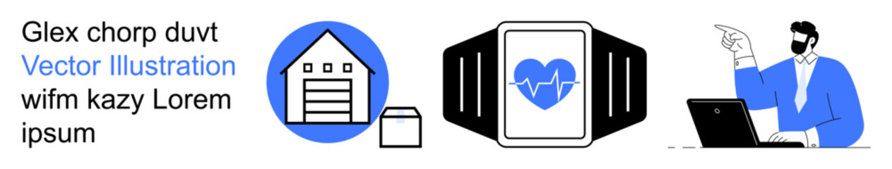 Digital health, technology solutions, logistics management, modern business, smart devices, warehouse services. Smartwatch with heart icon, warehouse symbol businessman with laptop. Digital health