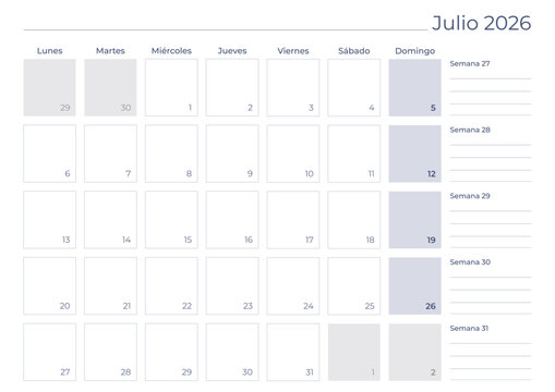 July Month Year 2026 Spanish Vector Illustration for Calendar and Planner Design