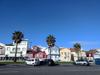 Obraz premium a street with colorful houses and palm trees in Costa Nova