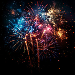 Fototapeta premium Colorful fireworks explosion isolated on black background with glittering sparks and light trails. Festive celebration overlay texture for New Year or party events