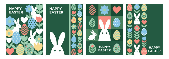 Happy Easter vertical cards set with bunny and eggs