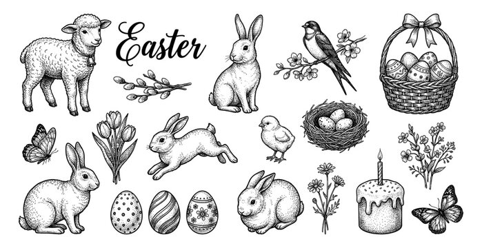 Easter vintage engraving set with bunnies lamb and eggs