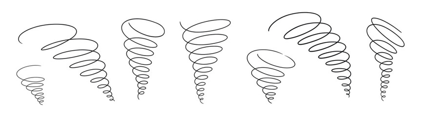 Tornado swirl continuous line set, abstract vortex whirlwind spirals, minimal outline vector illustration isolated on transparent background