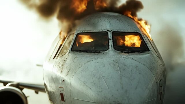Plane fire catastrophe: blazing aircraft, thick smoke, falling debris, fiery explosion, broken wing, rescue urgency, tragic destruction, night inferno, damaged runway, emergency chaos, glowing wreck,