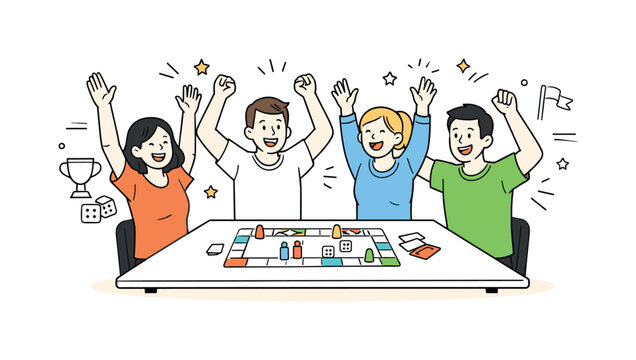 Board game nights. Small group celebrating a win, smiling and raising hands above the table. Warm emotions, shared joy, and friendly rivalry.