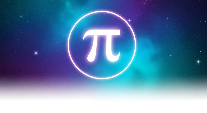 Glowing neon pi symbol in circle on starry night sky background with gradient colors transparent background