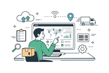 Naklejka premium Supply chain digitalization. A modern workspace with a character managing supply data on a dashboard, surrounded by cloud, barcode, and