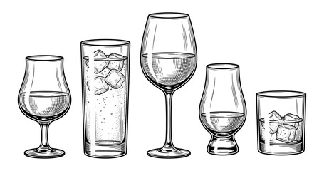 Wine whiskey and cocktail glasses vintage engraving set