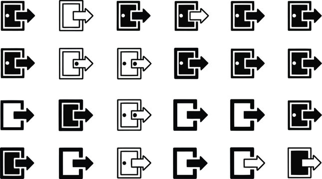 Extensive assortment of modern exit and logout icons illustrating a door and an arrow leaving a space