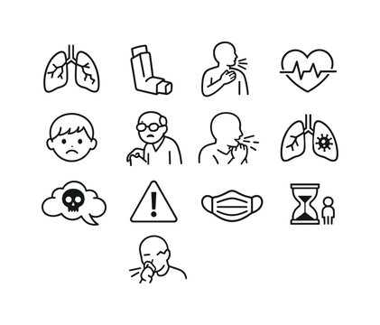 Health Effects of Air Pollution. Line icon set of Health Effects of Air Pollution: lung damage, asthma inhaler, breathing difficulty, heart