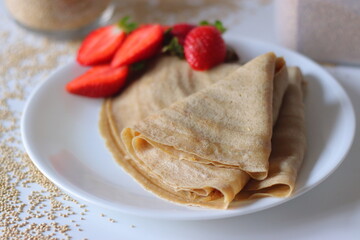 Gluten Free Quinoa Pancake with Sweet Coconut Filling and Strawberries