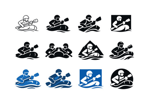 River rafting. Icon set. Set Logo of River rafting: helmeted rafter figure. harmonious logo variations of the same emblematic concept, each